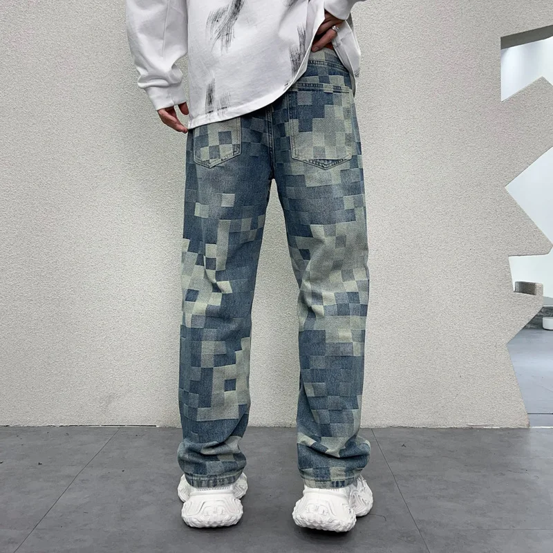 Light luxury mosaic fashionable printed design jeans men's fashionable retro loose straight mop wide leg leisure denim trousers