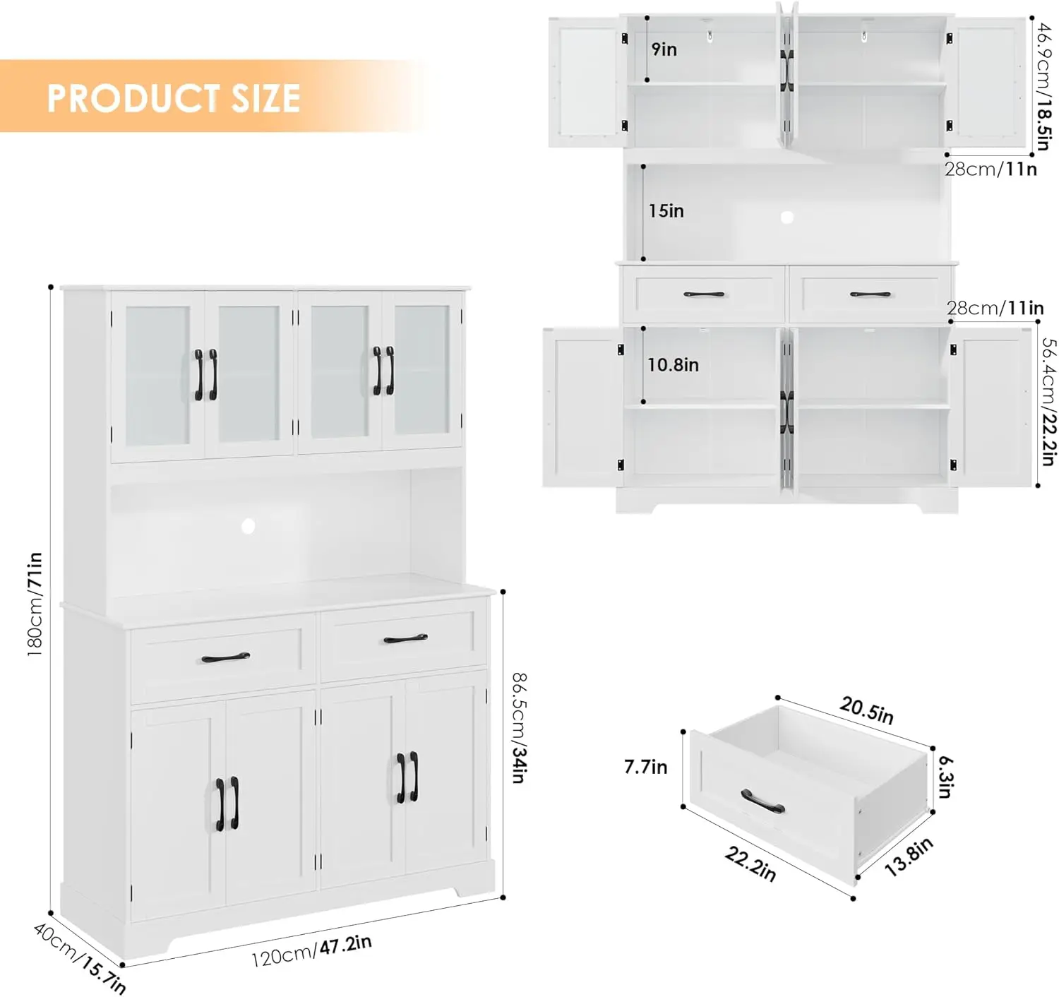 Armário despensa com portas, cozinha Hutch, suporte de microondas, gavetas, bancada grande, armário buffet, 71 "H