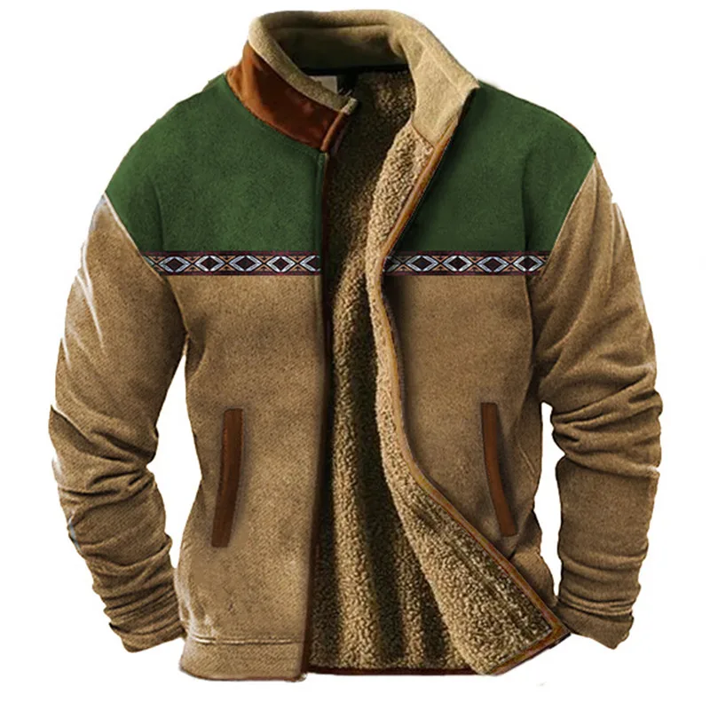 2024 Winter Tribal Style Men\'s Daily Casual Comfort Zipper Wool Coat Blue Brown Green Stand Collar Wool Jacket Trend