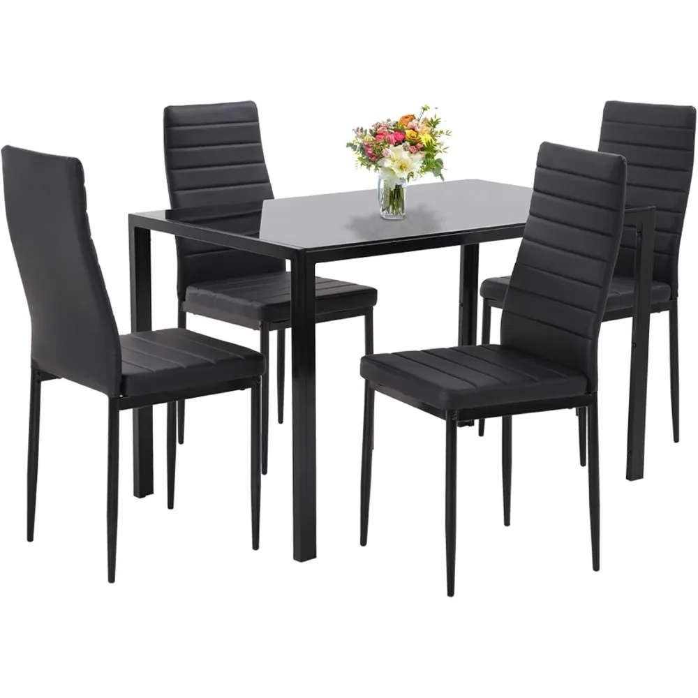 Dining Room Table Set 5-Piece Kitchen with 4 Faux Leather Metal Frame Chairs Rectangular Modern for Small Spaces w/Glass