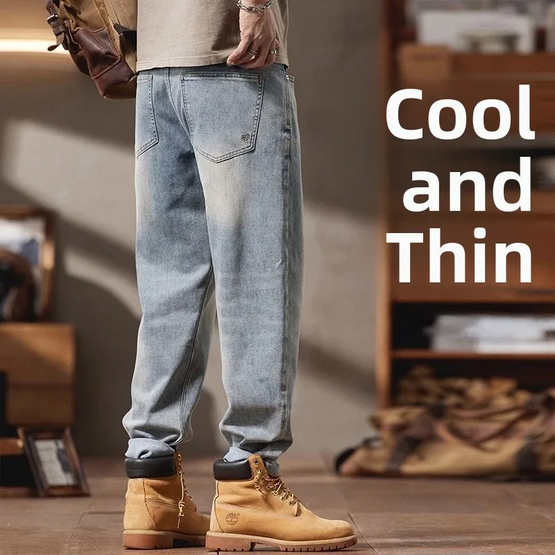 

Retro American Waed Jeans Men's Trendy Loose Straight Leg Wide Leg Pants Summer Thin Casual Long Trousers