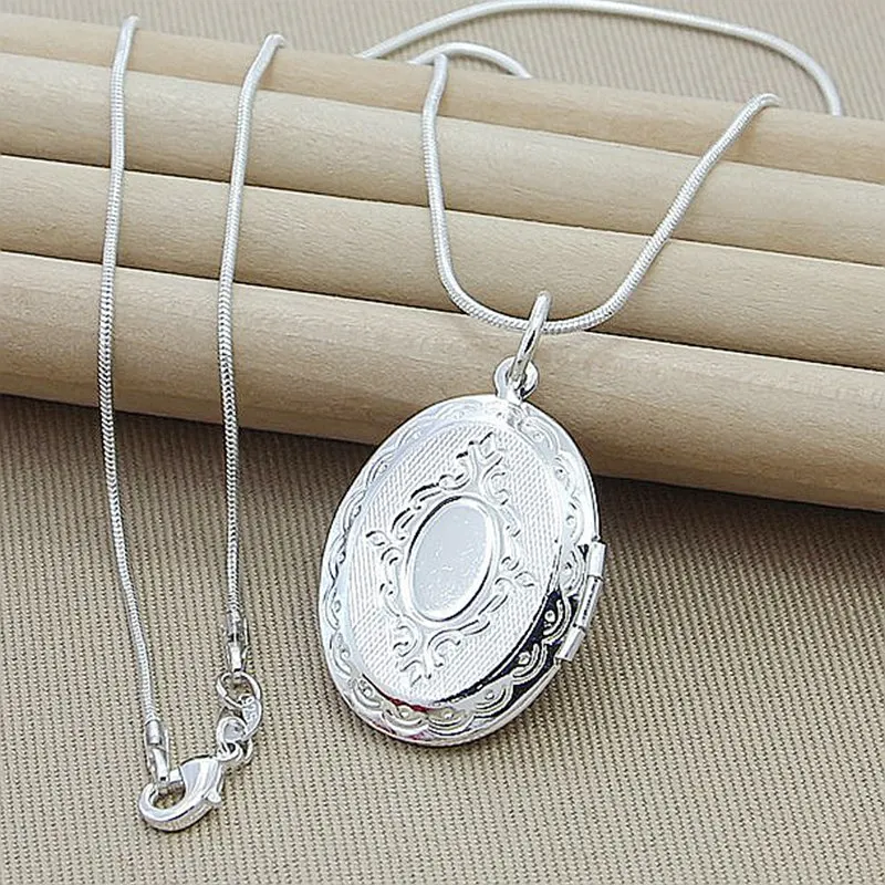 

925 Sterling Silver Oval heart Round Photo open Frame Pendant Necklace Snake Chain For Woman Man Wedding Jewelry