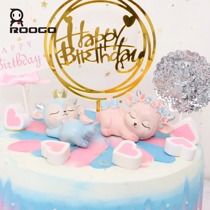 ROOGO Cartoon Resin Sleeping Baby Deer Statue Cute Miniature Figurines Decorations For Home Desktop Car Cake