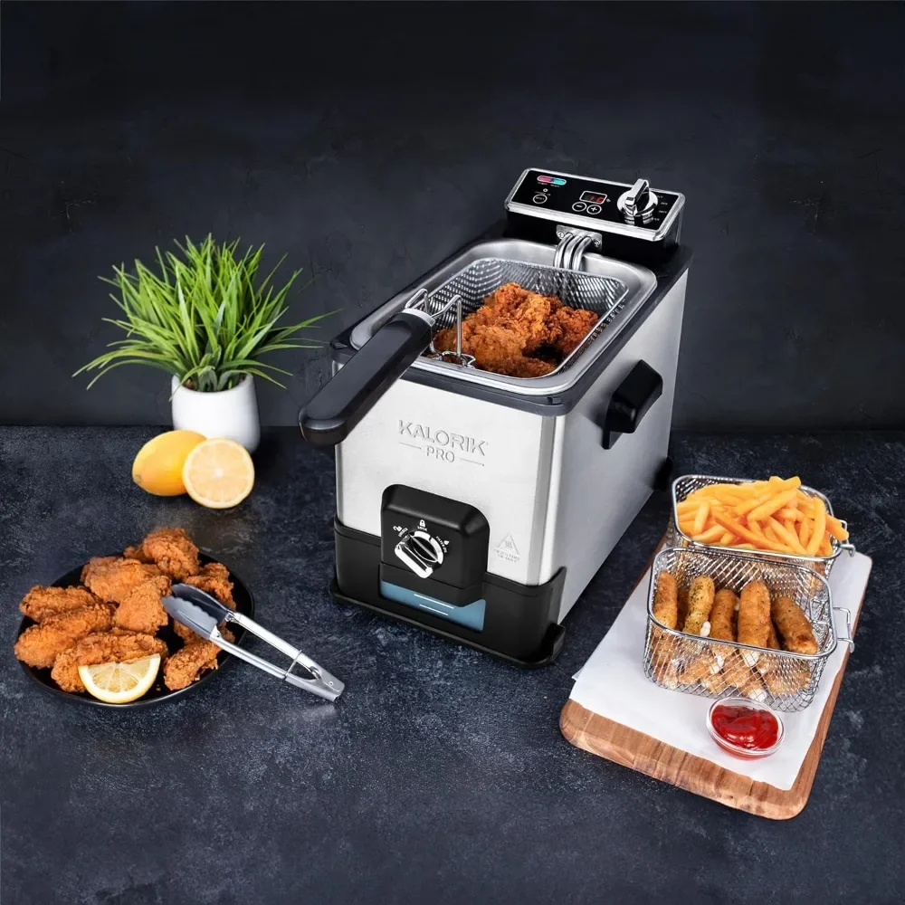 with 4.2 Quart Capacity and Oil Filtration System Stainless Steel Triple Basket Deep Fryer