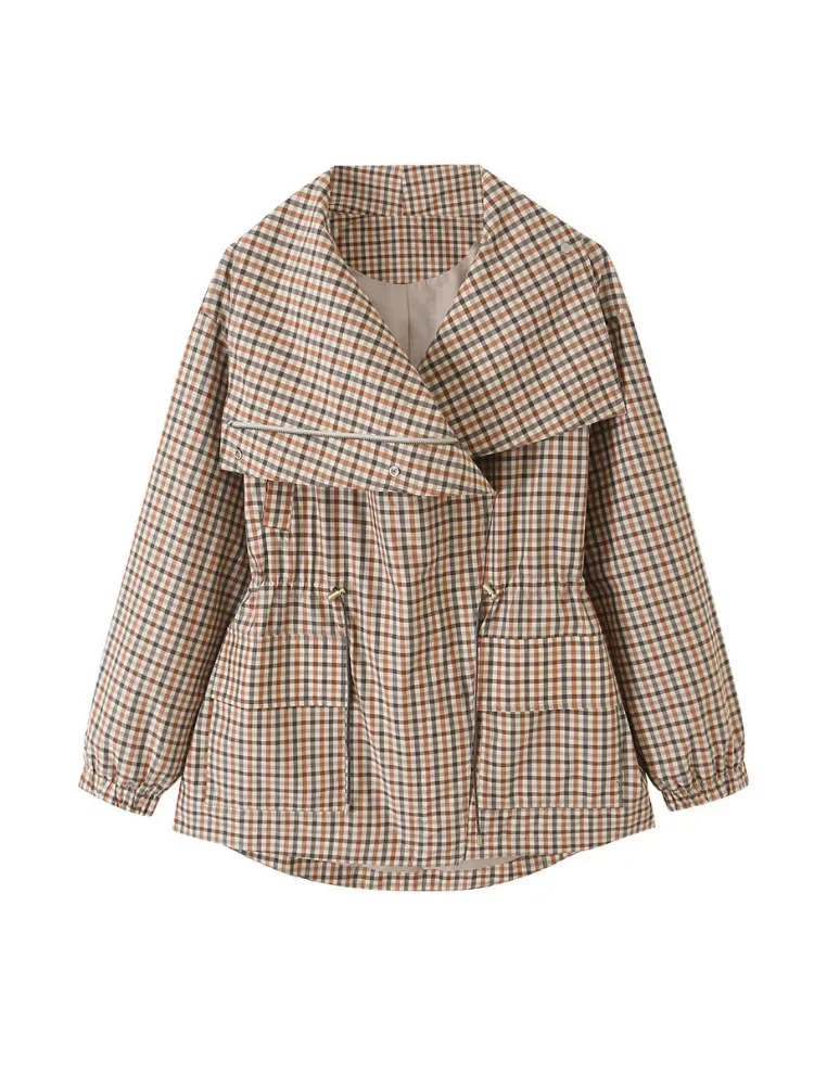 New Women Spring Autumn Casual Brown Plaid Jacket Convertible Collar Drawstring Waist Long Sleeve For Outdoor Walking Daily Wear