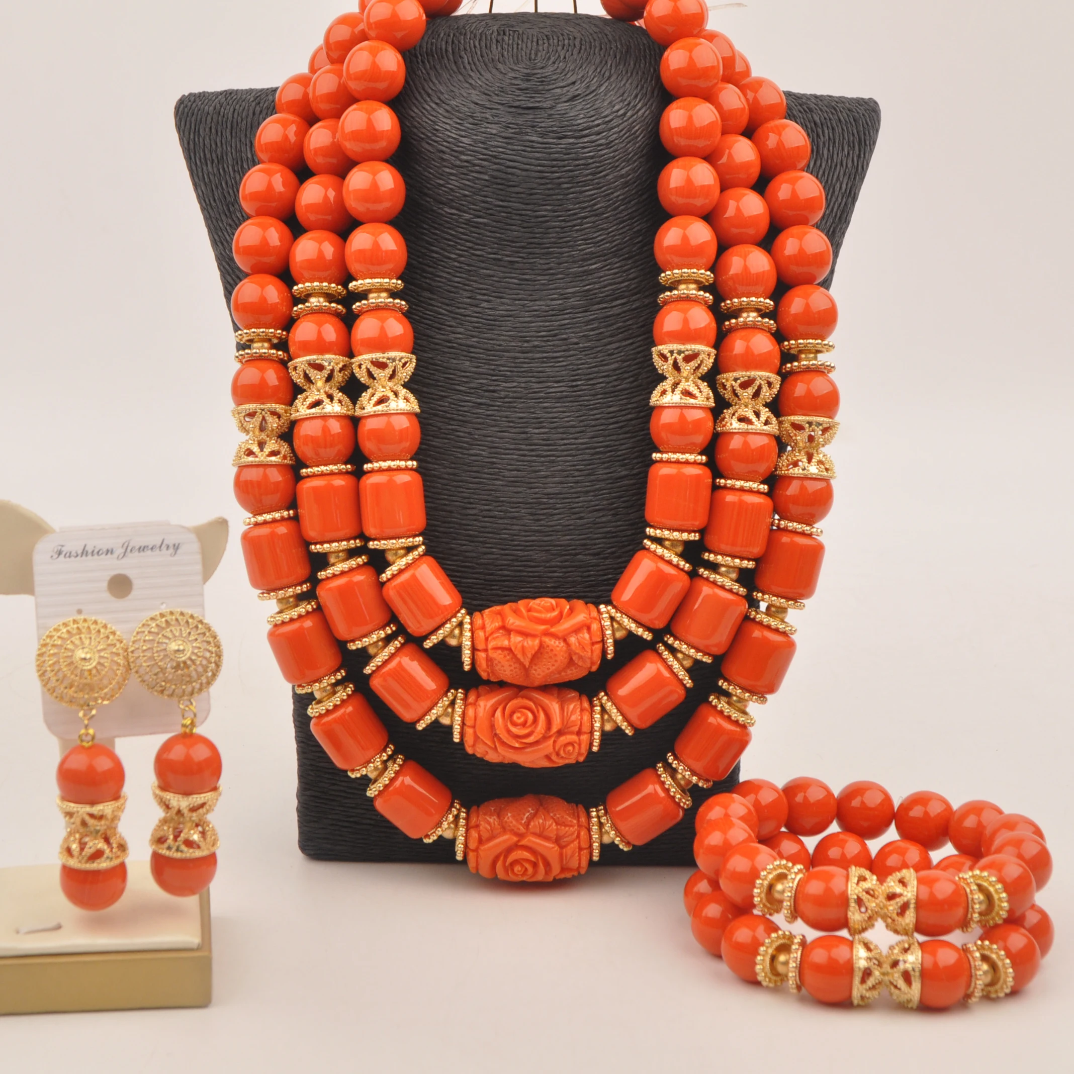 

Nigerian Wedding Bride Necklace Set Orange Artificial Coral Beads Jewelry Set