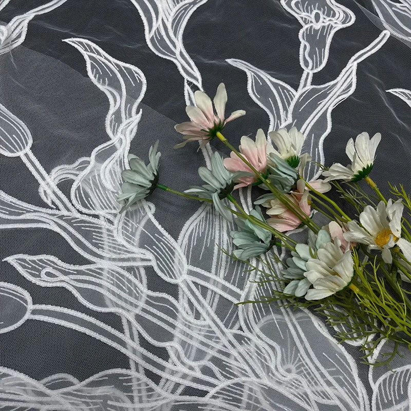 91x125cm Milk Silk Floral Embroidery Tulle Fabric White  Mesh Lace Cloth for Wedding Bridal Dress DIY Sewing Garment Material view 3