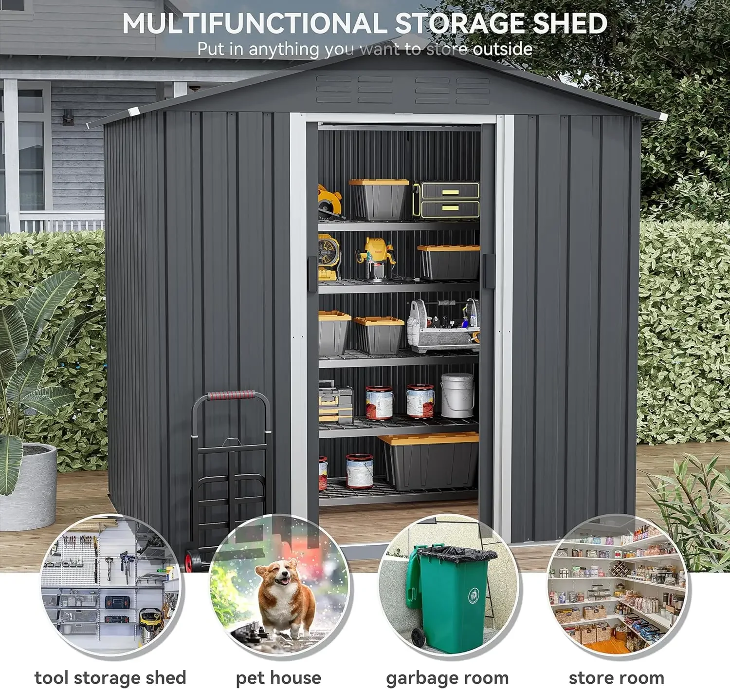 Impermeável grande jardim ferramenta Shed com aberturas de ar e porta deslizante bloqueável, ao ar livre Shed Storage House, 6x4ft