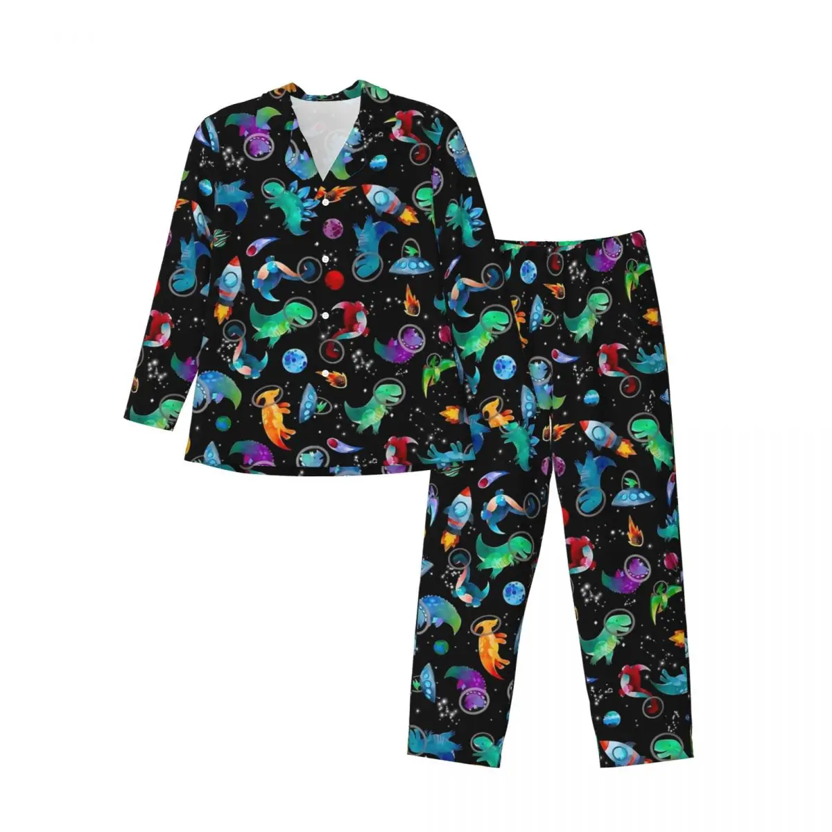 Aquarela espaço dinossauros galáxia impressão pijamas conjunto moda pijamas homem manga longa vintage diário 2 peça pijamas plus size