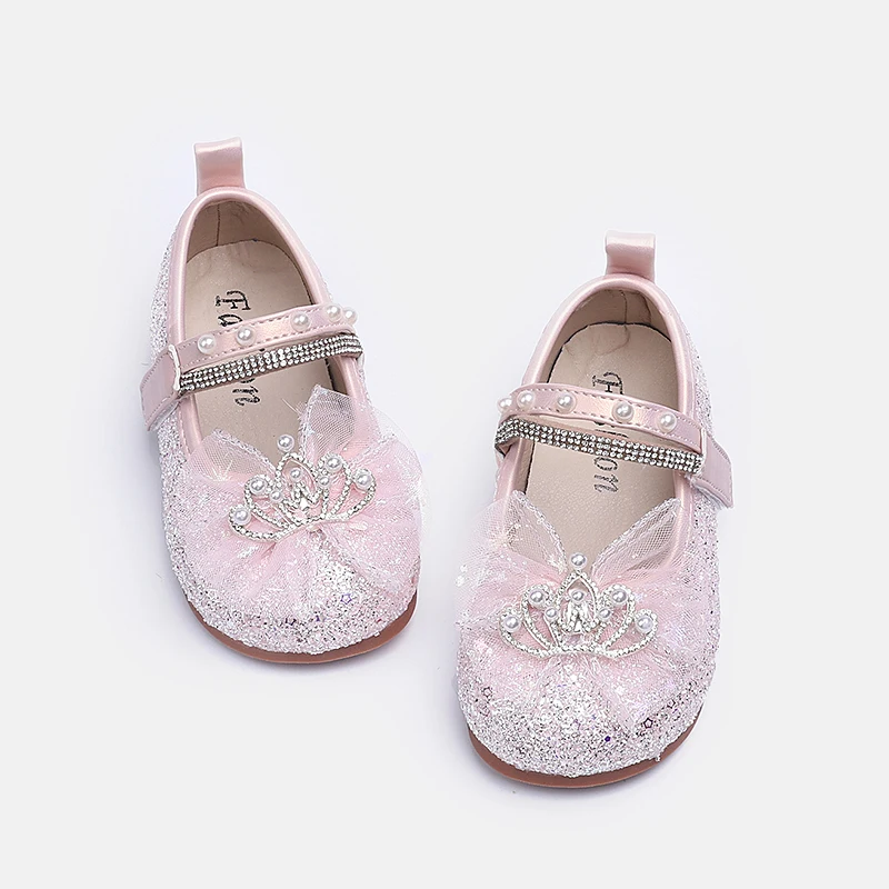 Girls Glitter Mary Jane Flats, Rhinestone Crown Tulle Bow, Pearl Strap Soft Non-slip Sole Wedding Princess Dress Shoes