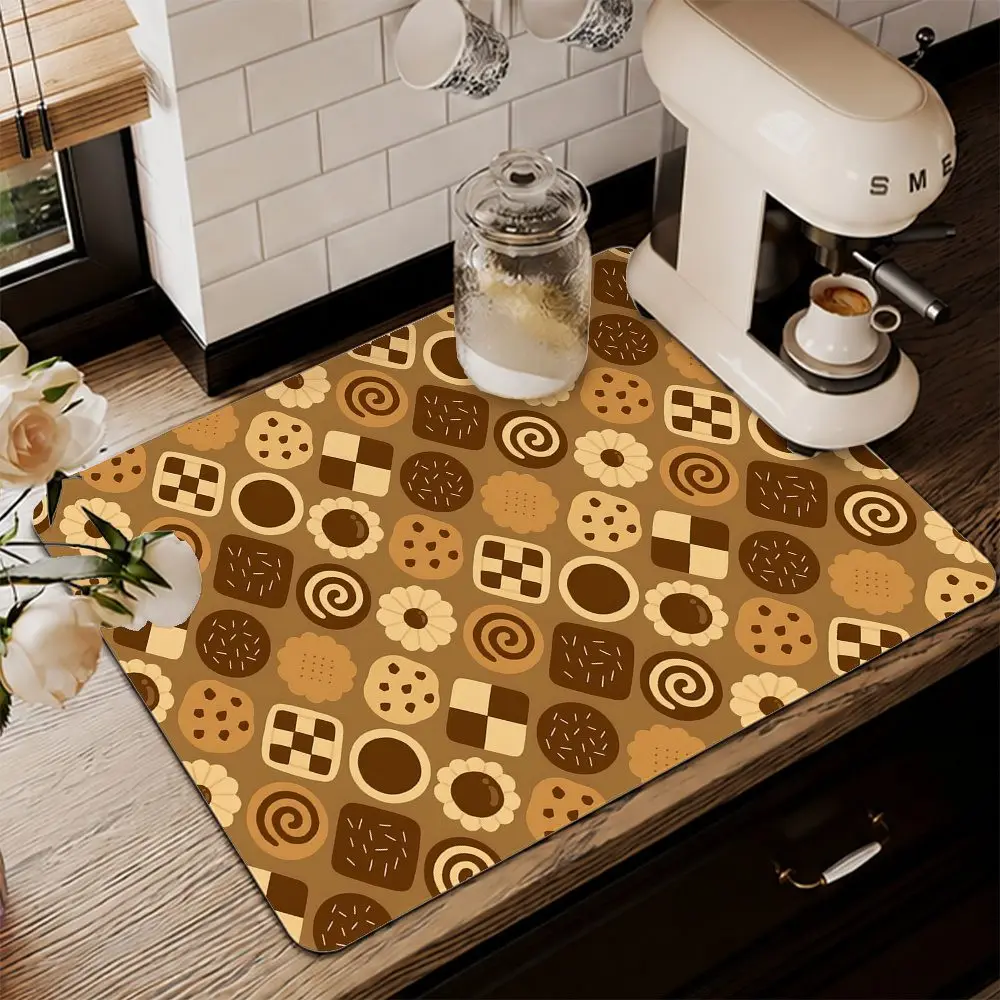 Dish Drying Mat Retro Checkered Biscuit Cookie Pattern Pad Super Absorbent Coffee Tableware Cushion Kitchen Drain Mat