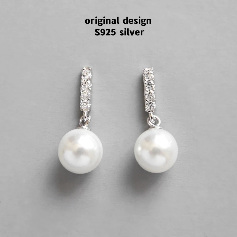 Original S925 sterling silver standing diamond white pearl earrings for women gorgeous fashion banquet gift jewelry