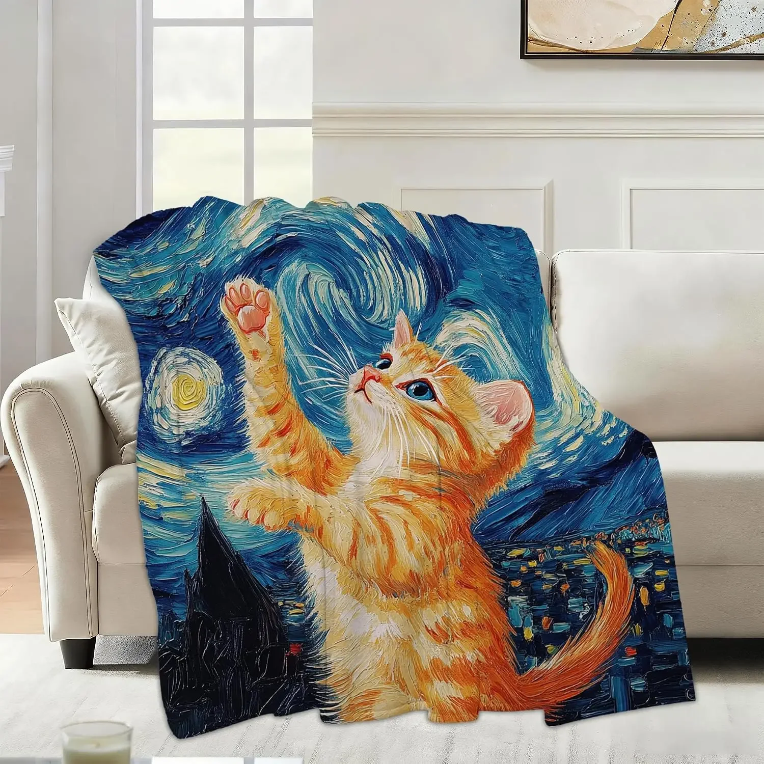 Van Gogh Starry Night Dark Blue Base Ginger Kitten Reach Star Full Print Fluffy Throw Blanket, Warm Soft Couch Art Pet Cat Home