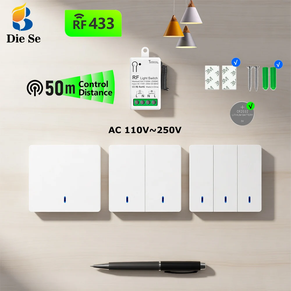 433MHz Mini Light Switch,86 Wireless Wall Switch Transmit 50m,110V 220V RF Realy Module,for Home Appliance