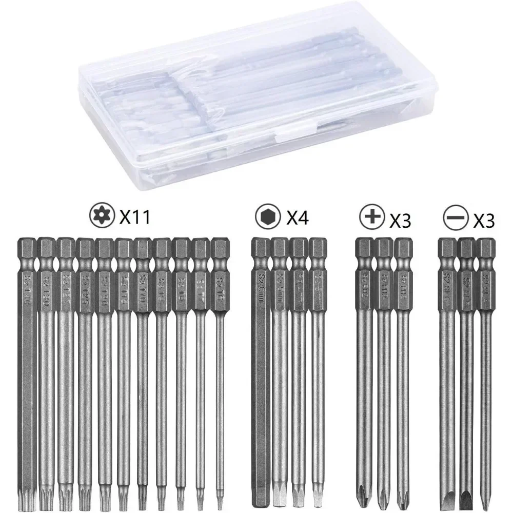 

For 21pcs Long Screwdriver Bit Set, Magnetic T6-T40 Torx Bit Set, Slotted Bit Set 1/4" Hexagonal 100mm Extra Long S2 Steel Box