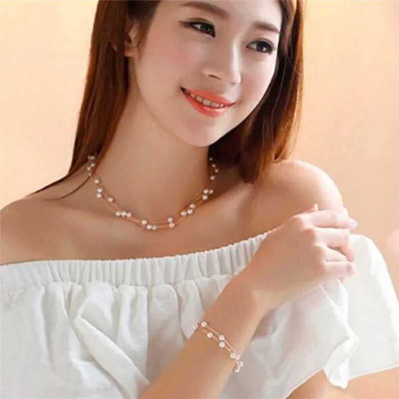 Fashion Multilayer Pearl Necklace Earrings Bracelet Jewelry Set Wedding Bridal