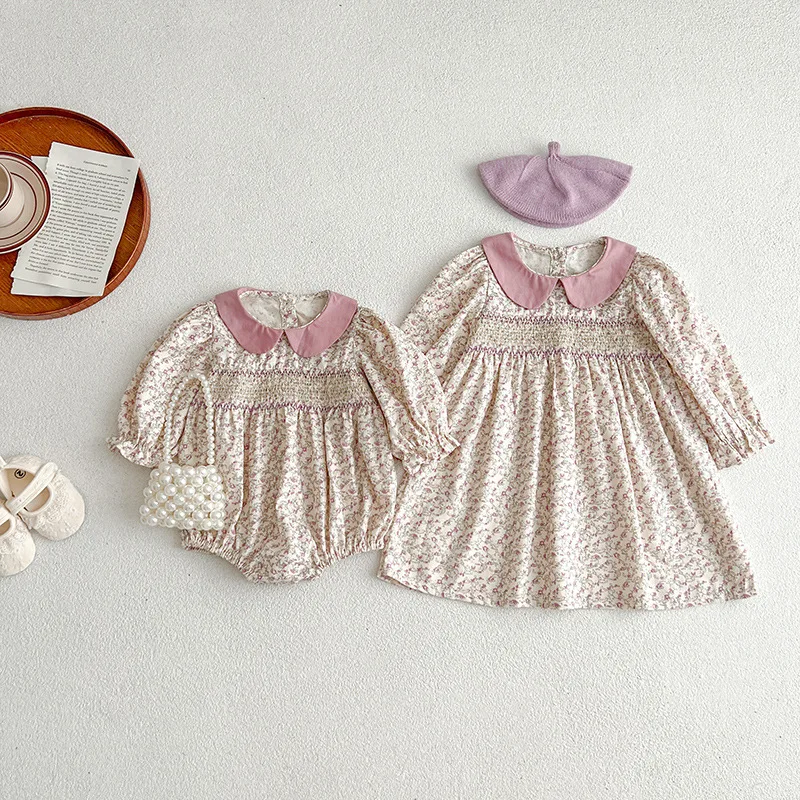 ‌2025 Spring Fall Twin Girls Floral Print Romper Clothes Matching Outfit Kids Long Sleeve Princess Smock Dress Baby Sisters