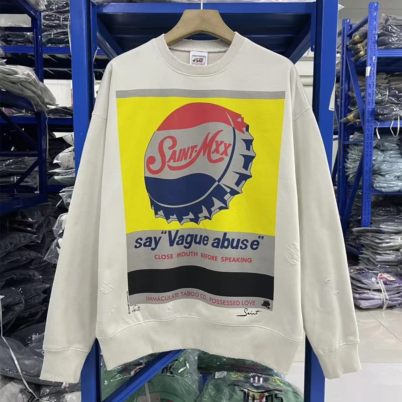 

Промытая толстовка с капюшоном с принтом Saint CRW NECK SWT/VAGUE ABUSE, толстовка с круглым вырезом для мужчин и женщин