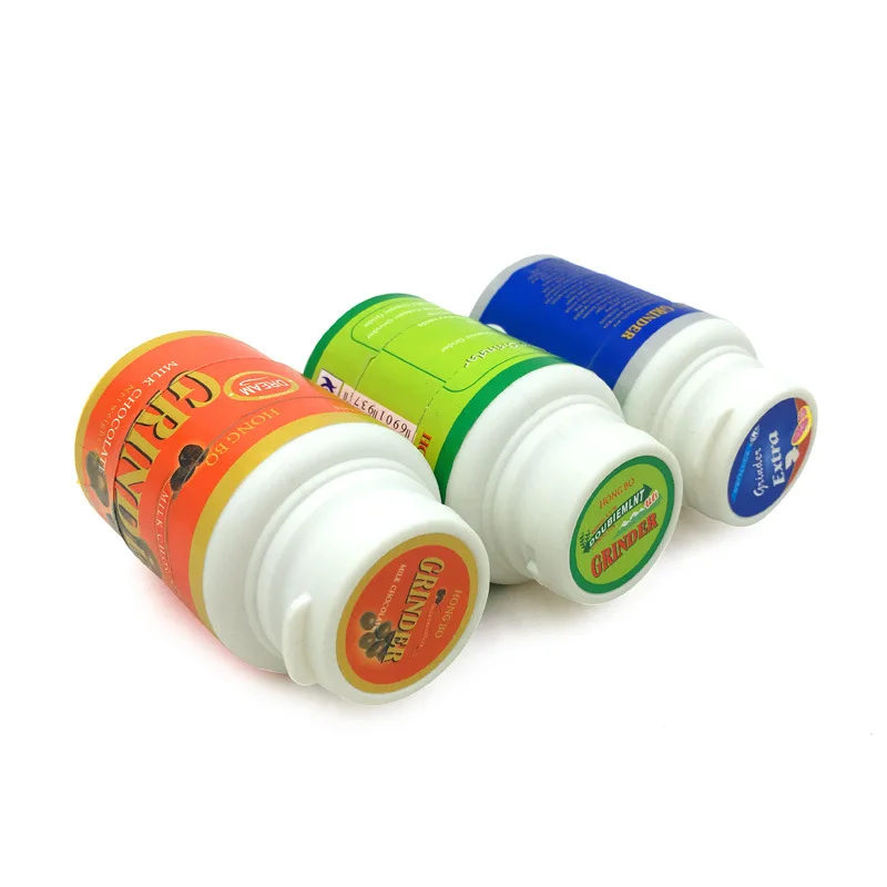 45mm Herb Grinder Chewing Gum Bottle  Plastic with Metal Red Blue Green Spice Pollen Crusher Drop ship Tobacco Smoking Grinder