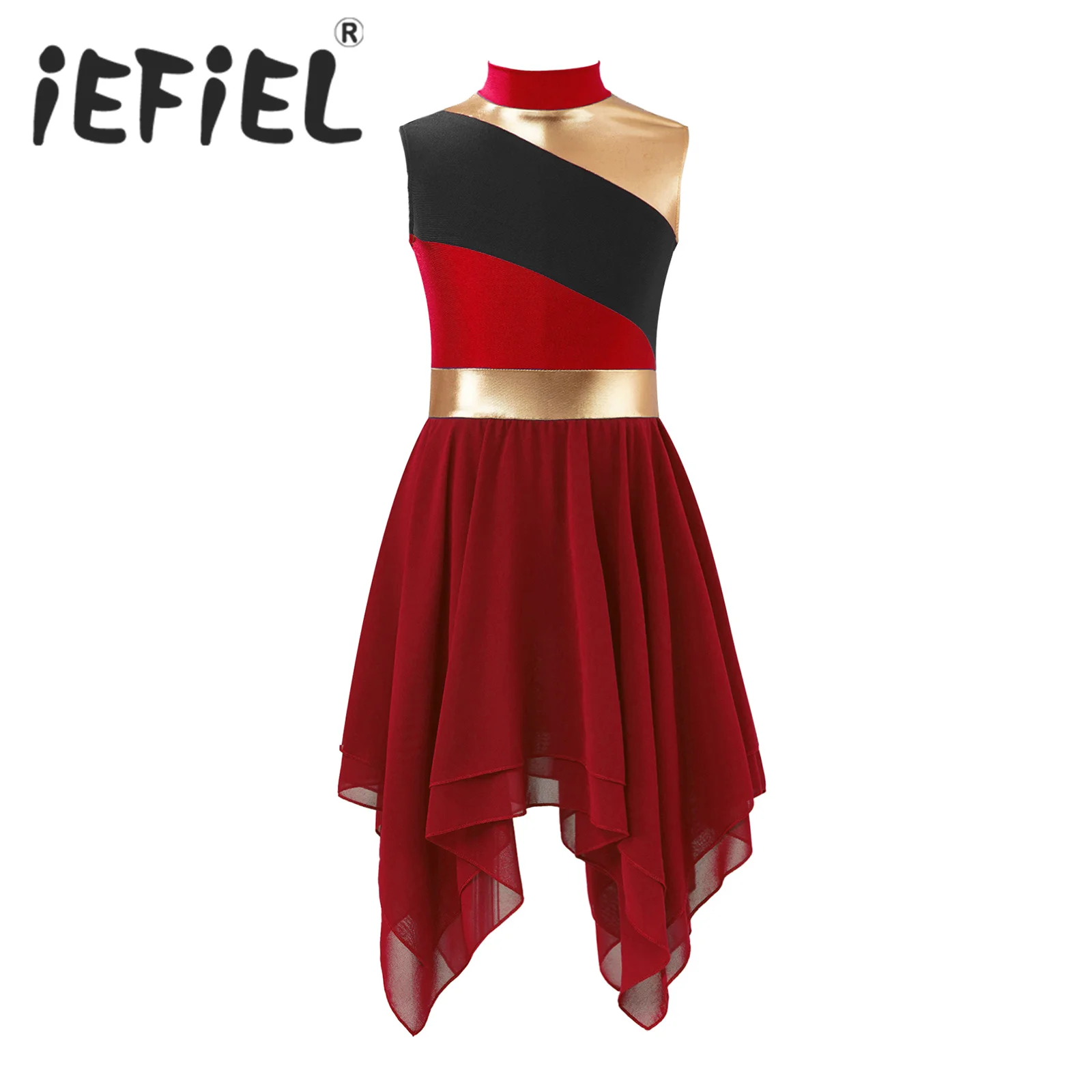 

Kids Girls Lyrical Praise Dance Costume Sleeveless Metallic Tank Dress High Low Tulle Gown Worship Stage Performance Dancewear
