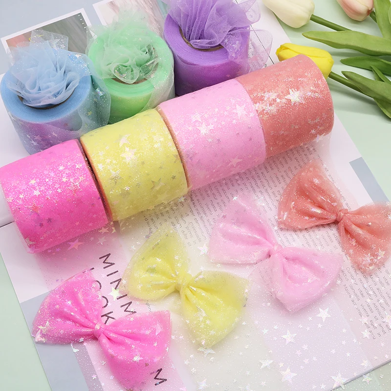 25 Yards Colorful Star Tulle Ribbon Printed Mesh DIY Handmade Hairpin Bow Headdress Baking Party Wedding Decoration Accessories