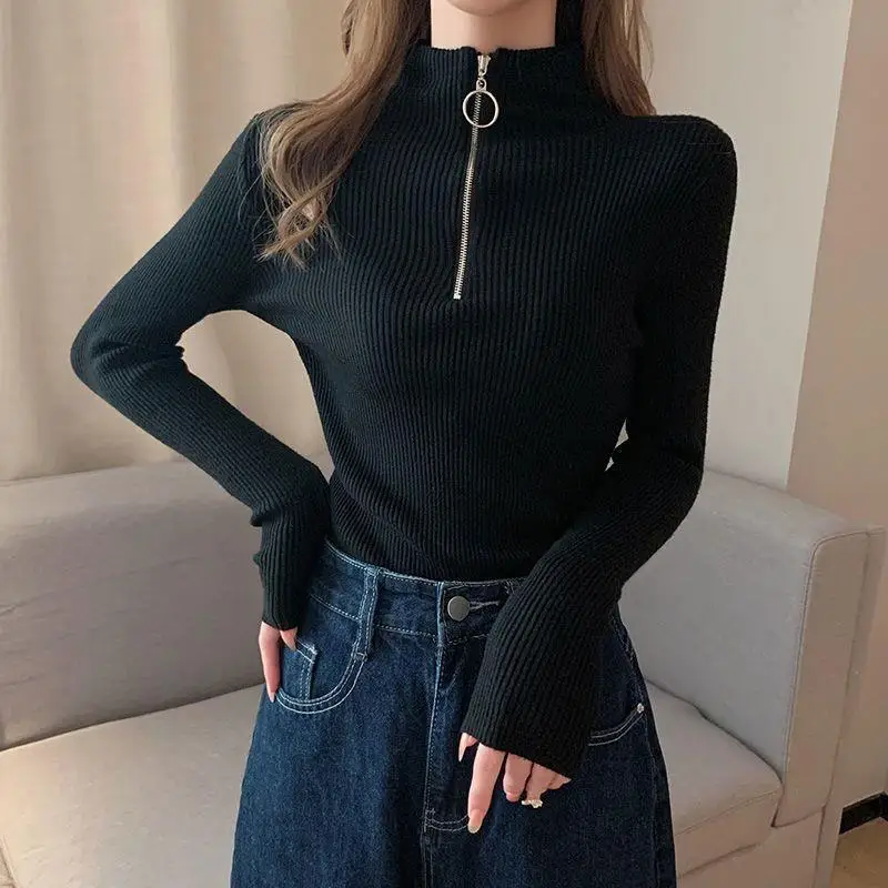 Women's Black Sweater 2026 Fall New Half-High Neck Slim Fit Long Sleeve Zipper T-Shirt, Retro Street Style Basic Undershirt