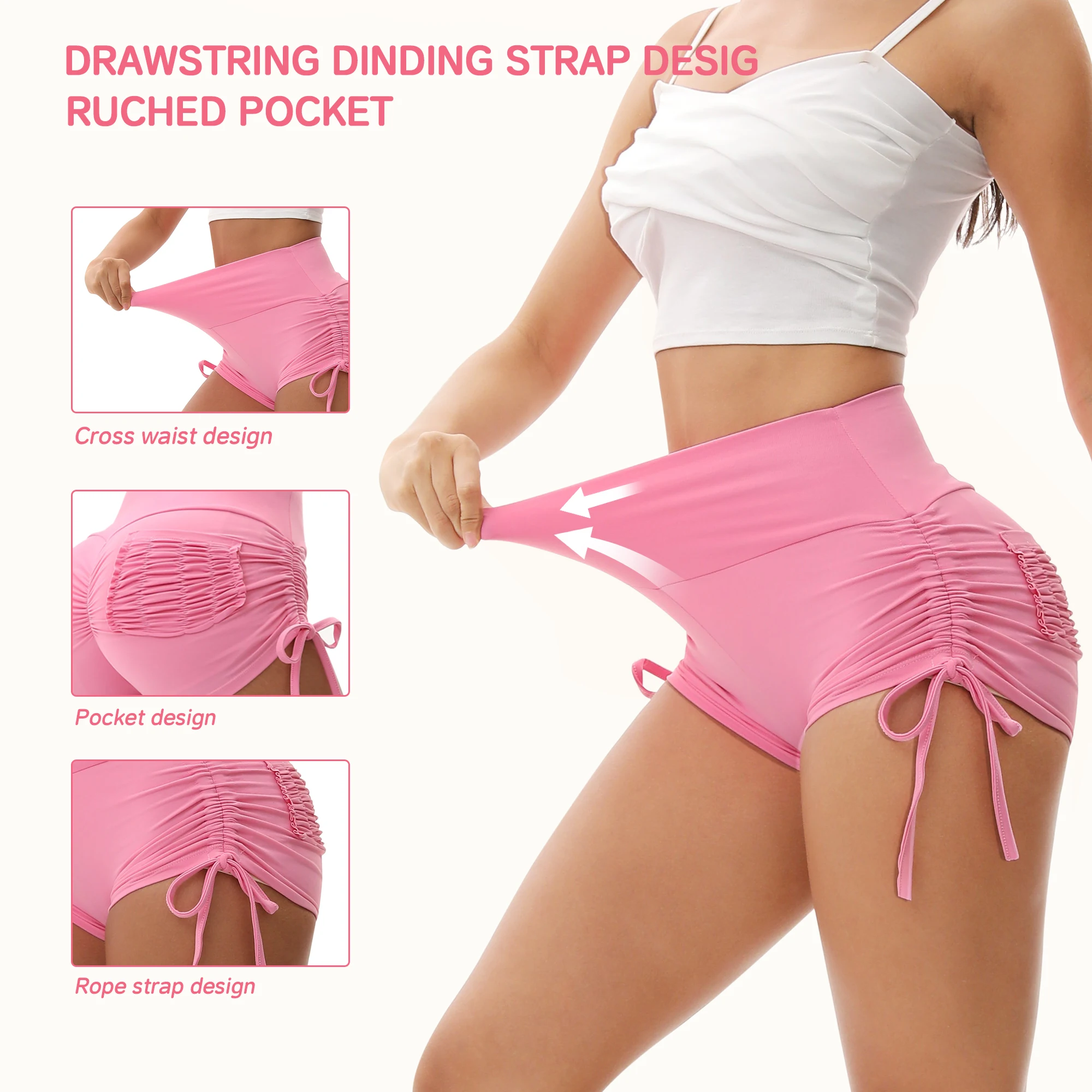 Women Summer Yoga Shorts High Waist Butt Lifting Running Shorts with Pockets Ruched Sports Fitness Workout Pants