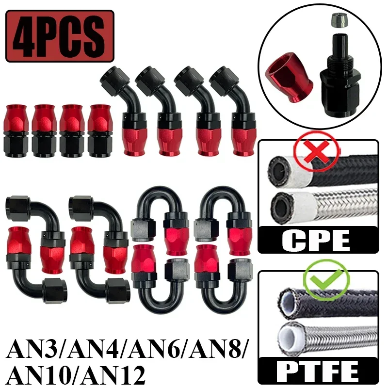 

4Pcs AN4 AN6 AN8 AN10 AN12 For Swivel PTFE Oil Fuel Line Hose End Fittings Straight 0°/45°/90°/180° Reusable Hose Pipe Adapters