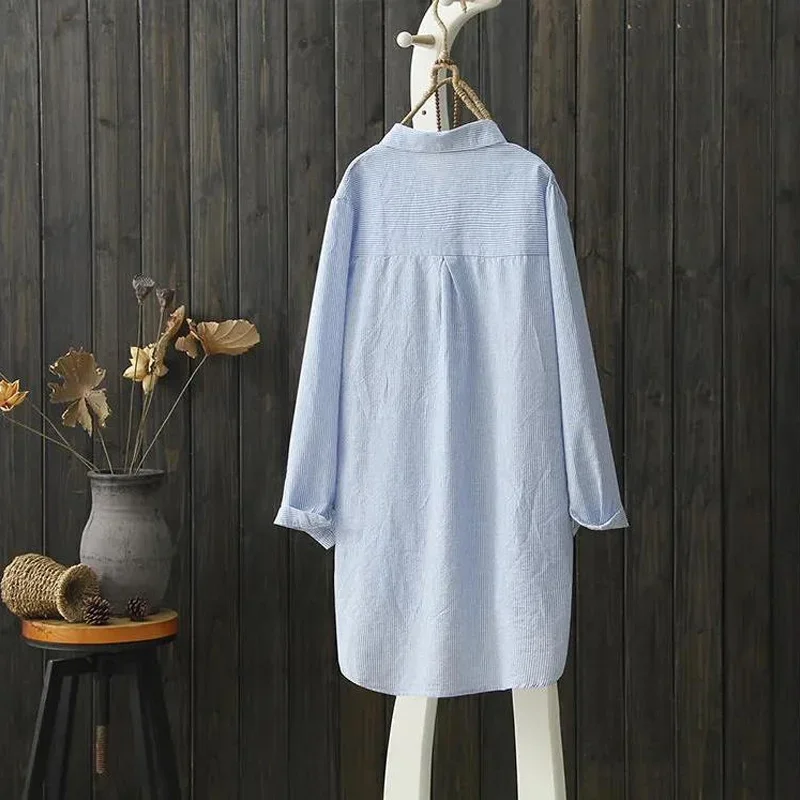 Spring Autumn New Embroidery Striped Loose Shirt Tops Long Sleeve All-match Asymmetrical Blouse Casual Vintage Women Clothing