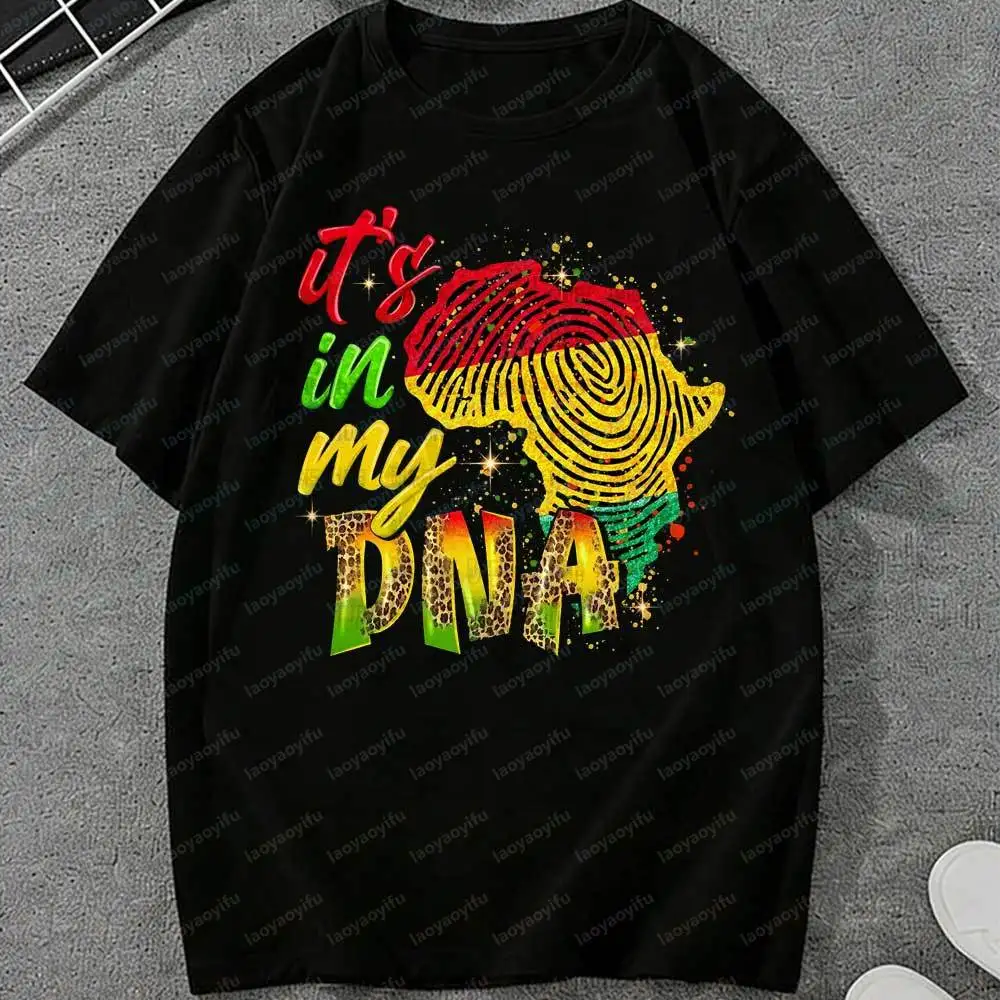 Juneteenth It's in My DNA Graphic T-Shirt Africa Map Fingerprint Leopard Print Black  Cotton Top for Men Women Juneteenth Gift