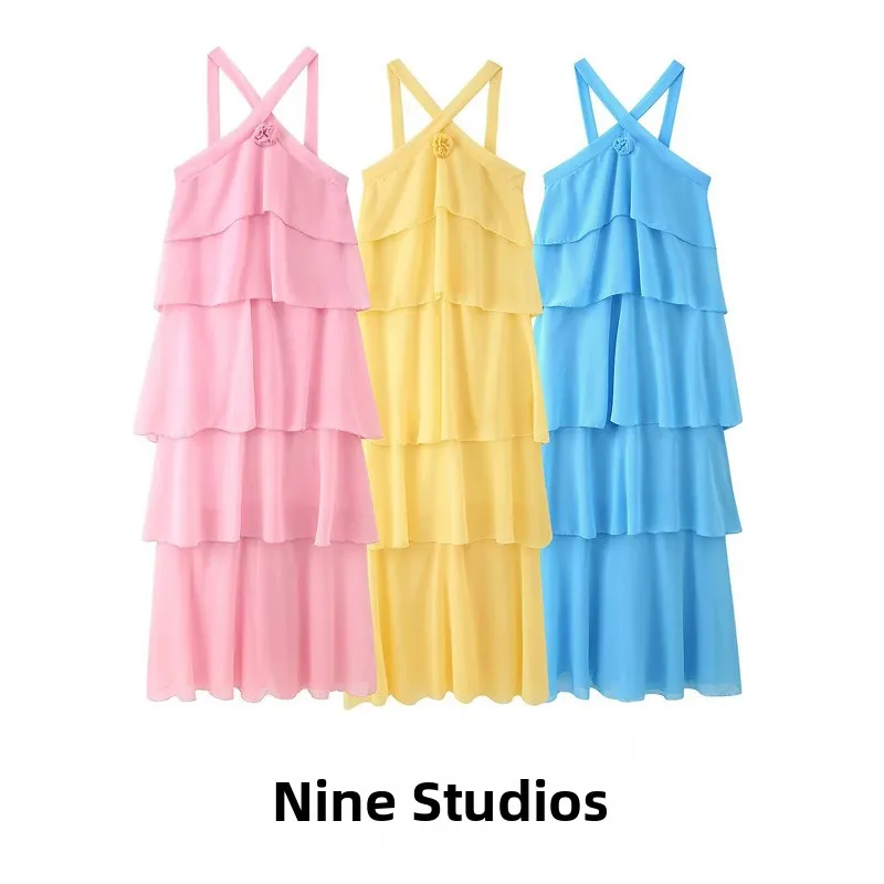 Vestido e de saia longa de cintura alta com renda decorativa em camadas e enfeite de flores 3D vestido de verão sem ma...