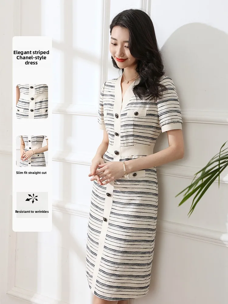 

Small Fraance Sle Striped Dr Commute Simple High Waist A-Line Skirt Cotton Polyester Blend ort Sve V-Ne Dr