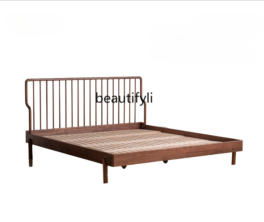 

Black walnut solid wood bed soft bag double technology cloth leather bed simple master bedroom wedding bed