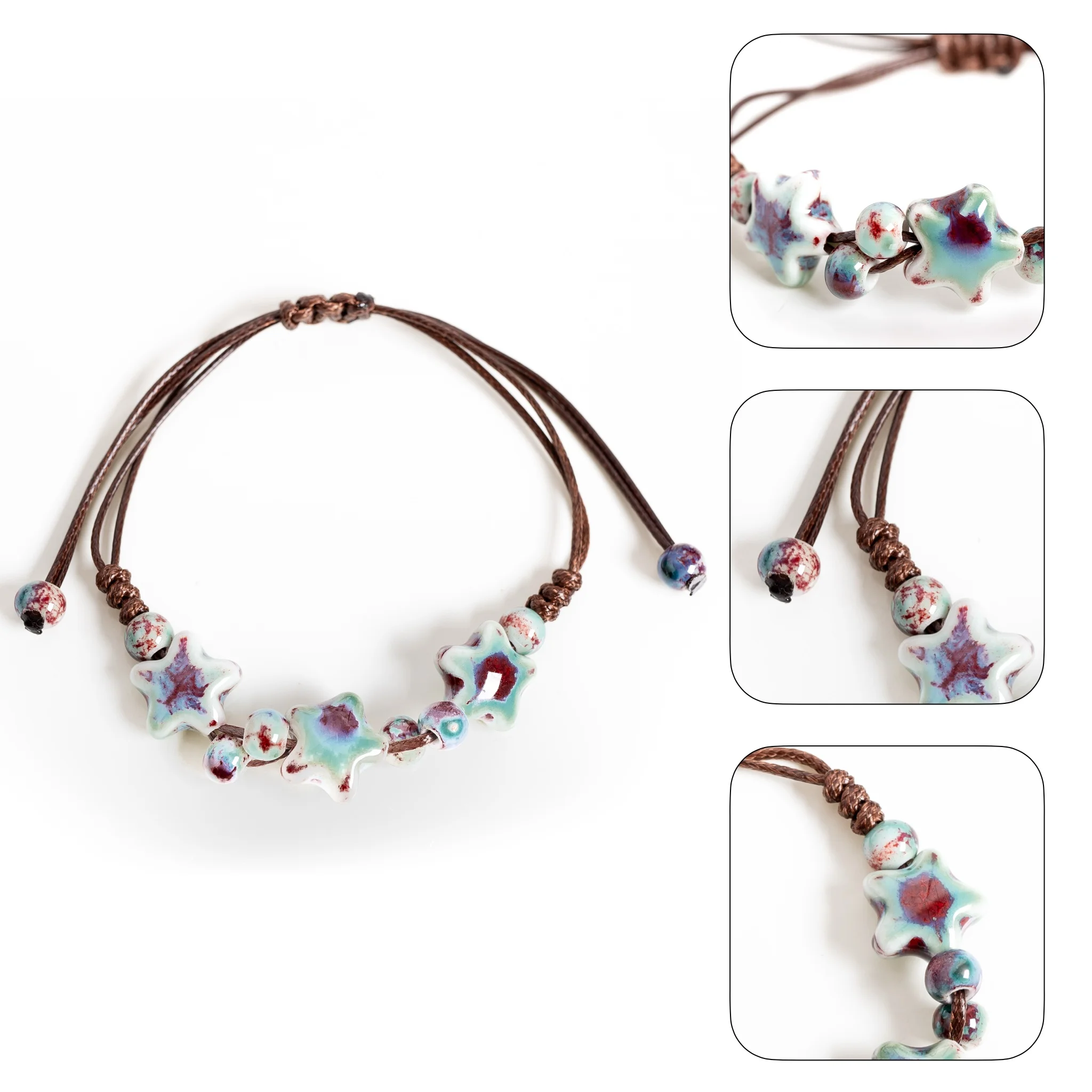 Imperial Glaze Star Ceramic Bracelet Handmade Adjustable Wax Cord Dainty Jewelry Cool Girl Style for Daily Wear Gift S03-236