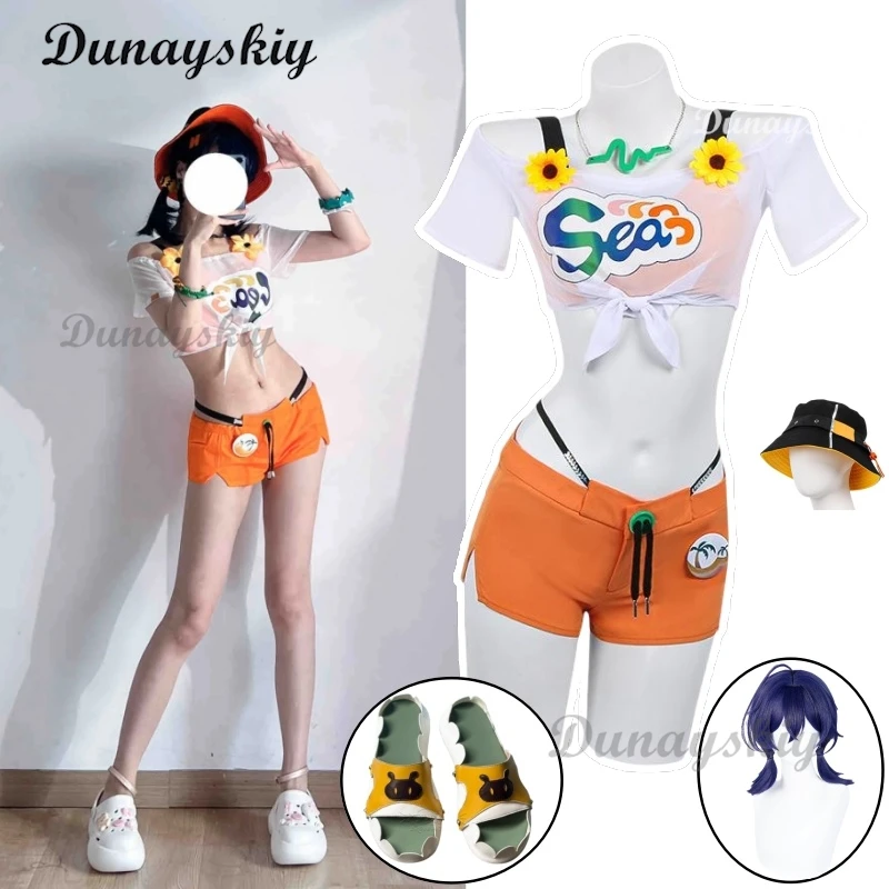 

Zenless Zone Zero Belle Cosplay Costume Wig Swimsuit Summer Outfit Hat Shorts Bikini Women Girls Halloween Party Role Play Suit