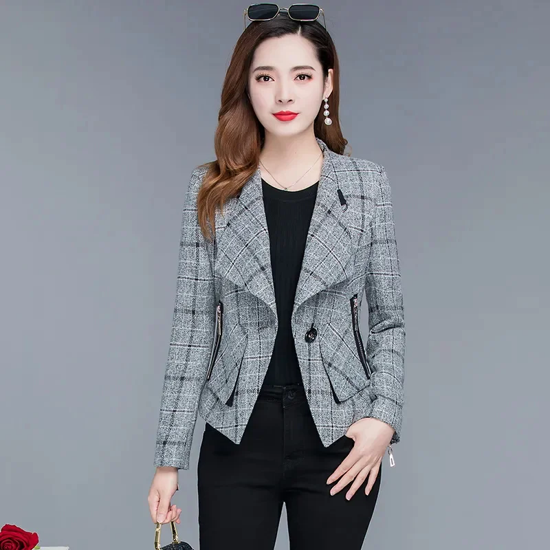 2024 Spring Autumn Plaid Short Women's Jacket Korean Loose Long sleeved Female Coat Single buckle Slim Ladies Blazer Outwear Top