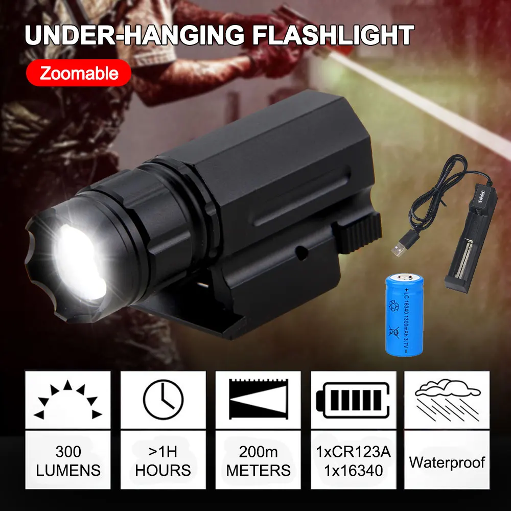 AAA 16340 Batteries LED Hunting Zoomable 3 Mode Flashlight Weaver Picatinny Mount Gun Tactical Outdoors Rechargeable Torch Light