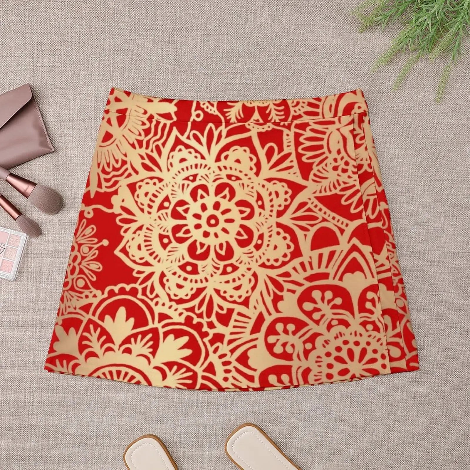 Red and Gold Mandala Pattern Mini Skirt korean clothes ladies Clothes for summer mini skirt
