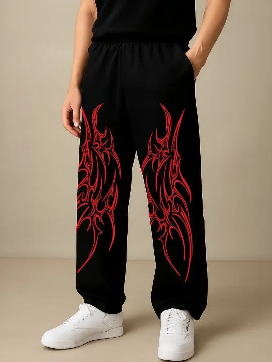 Men Symmetrical Red Spike Totem Print Casual Pants, Dark Hardcore Street Vibe, From Trendy Store Hopping To Livehouse Gatherings