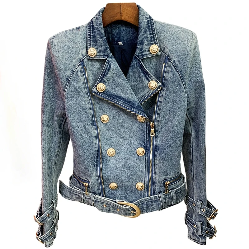 Classic Double Zipper Washed Denim Biker Jacket Women Lion Head Gold Buttons Outerwears Ladies Long Sleeves Lapel Coats Winter