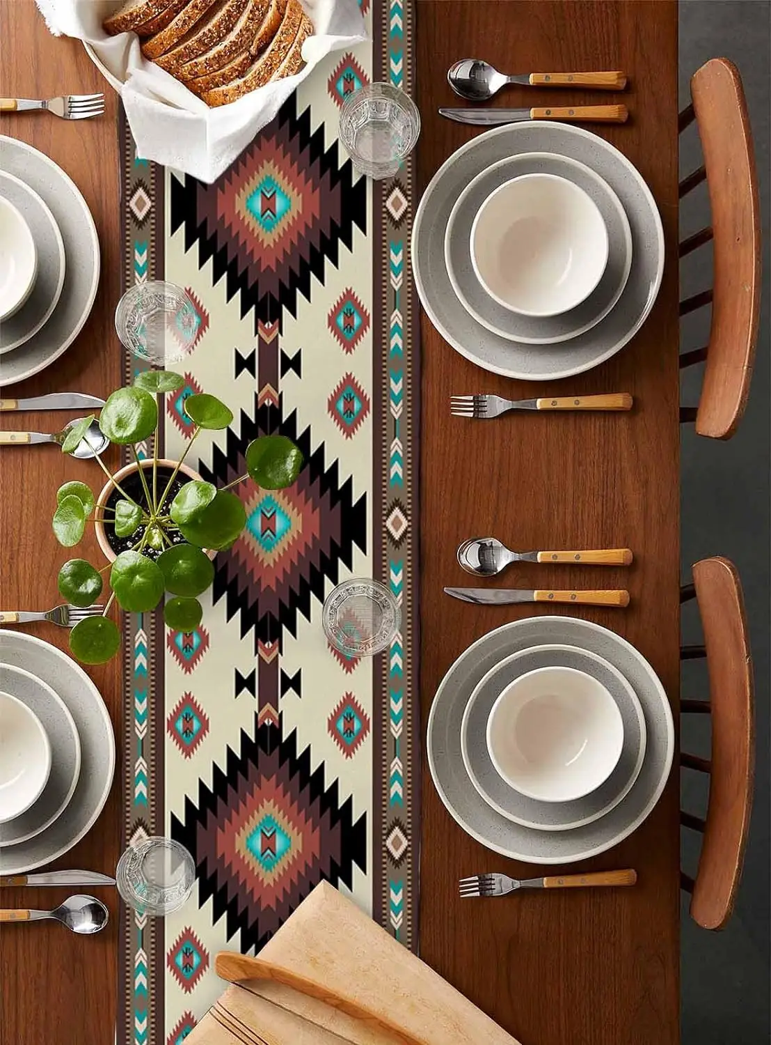 Brown Teal Southwest Linen Table Runner Western Geometric Abstract Ethnic Dresser Scarf Table Decor Home Dining Party Decoration