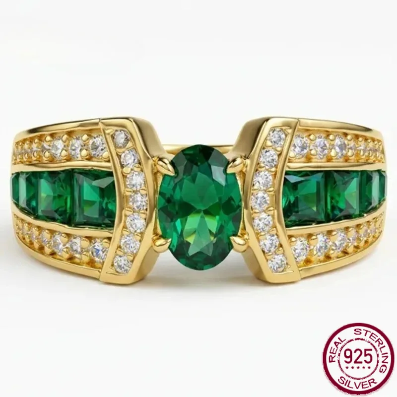 Yaranyan Vintage 925 Sterling Silver 4 * 6 MM Oval Cut Lab Sapphire Emerald High Carbon Diamonds Gemstone Ring Fine Jewelry