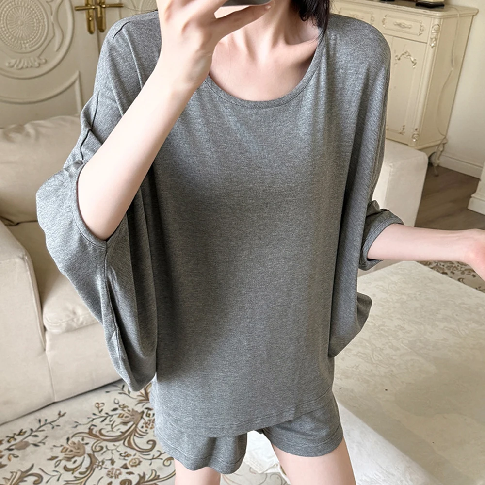 

Летняя одежда для сна из смеси хлопка, женский комплект из 2 предметов, повседневный однотонный комплект с шортами с рукавами «летучая мышь», свободная домашняя одежда больших размеров