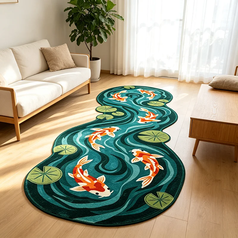 Kreativer Koi-Fisch & Lotus Unregelmäßig Geformter Teppich Retro-Kunst Plüsch-Bettvorleger Modischer Luxusteppich für Flur und Wohnzimmer – Detail 4