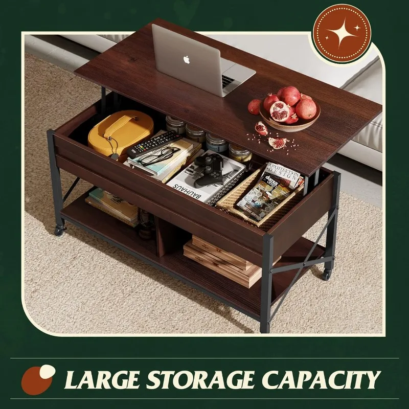WLIVE Lift Top Coffee Table for Living Room,Coffee Table with Storage,Hidden Compartment and Metal Frame, Central Table