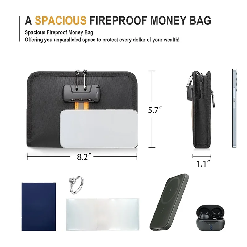 Saco de dinheiro seguro à prova de fogo, design à prova d'água com trava e zíper, 8,2X5,7 polegadas para armazenamento de dinheiro