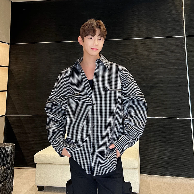 

Chic Zipper Spliced Black White Plaid Long Sleeved Shirt For Men Autumn Korea Style Loose Rotator Cuff Shirts Jacket Streetwear