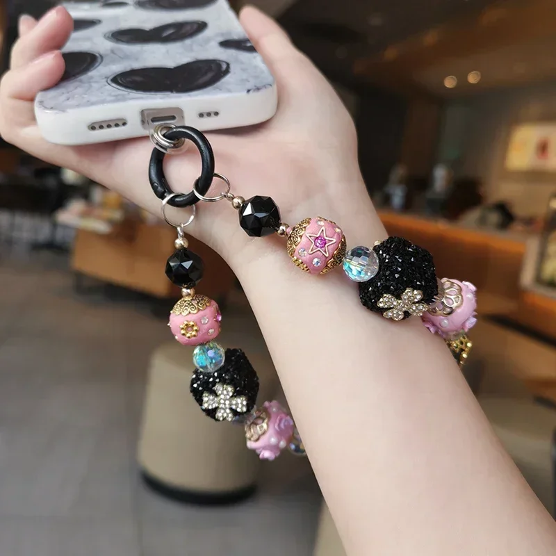 Mobile Phone Lanyard with Diamond Handmade Bead Pink Black Style Decoration Mobile Phone Case Decoration Pendant Keychain Strap