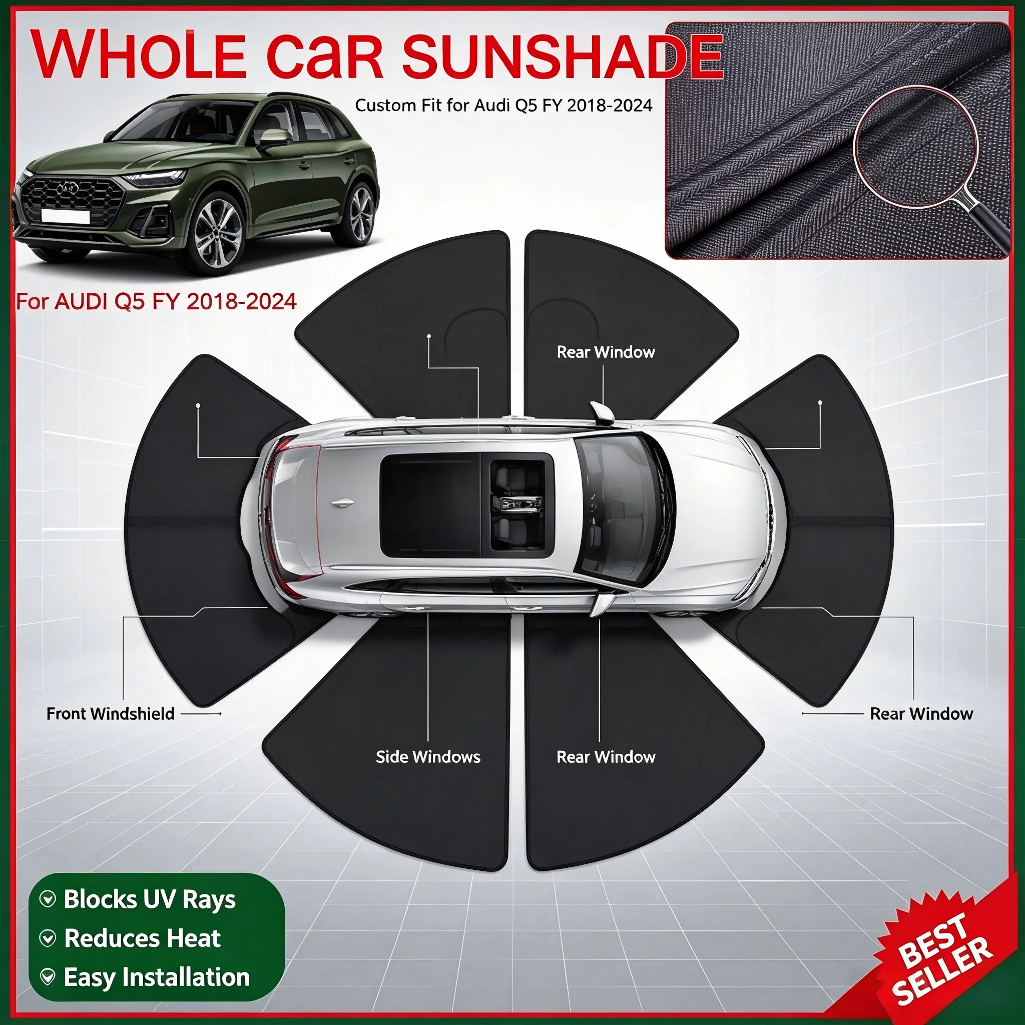 Full Set Black Window Sun Shades For Audi Q5 FY 2018-2024 Privacy Shading Anti UV Heat Isolation Car Interior Protection Covers