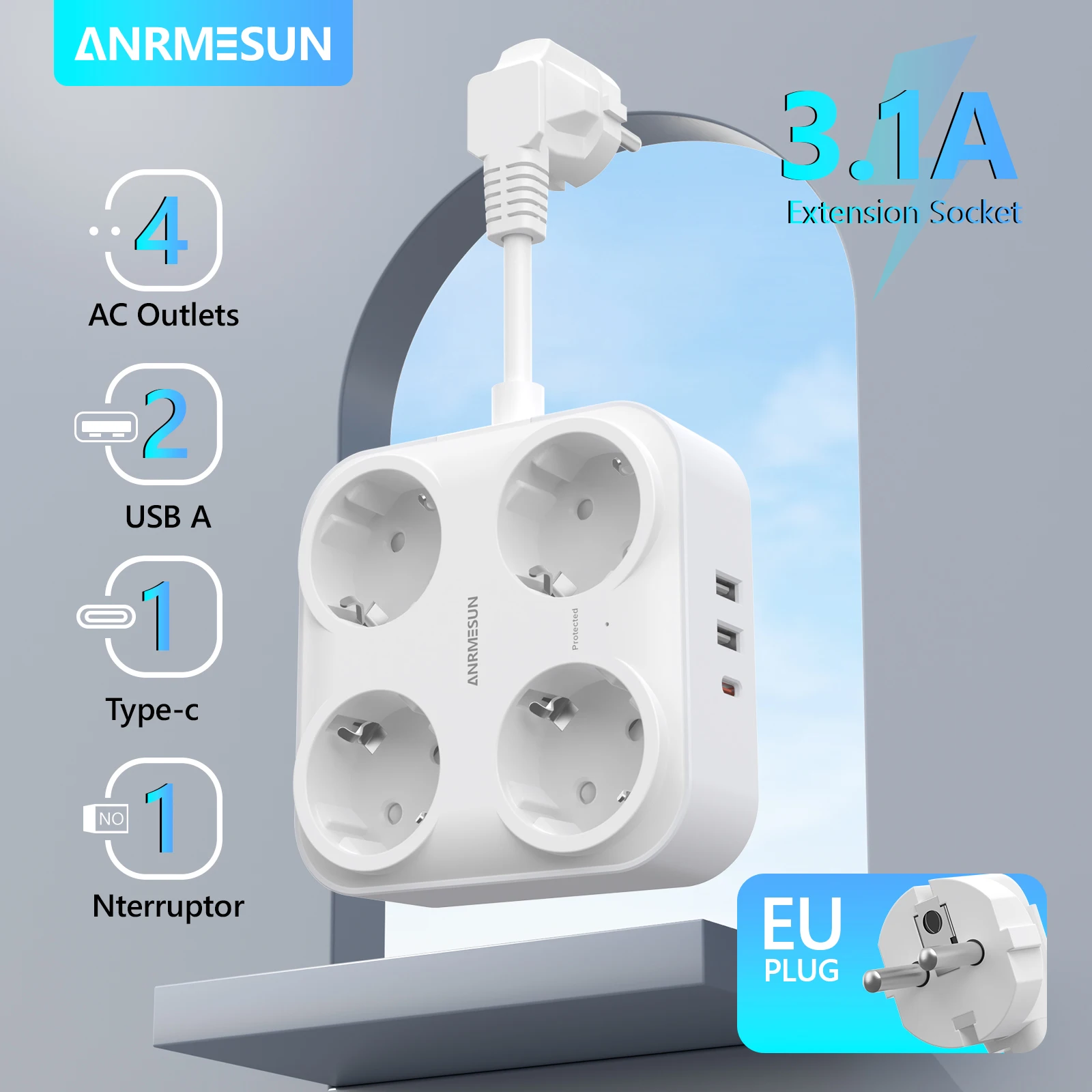 

Розетка стандарта ЕС, сетевой фильтр с 4 розетками переменного тока, 3USB-порта, адаптер быстрой зарядки 0,5 м для дома